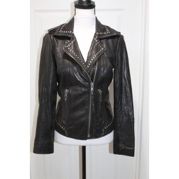Michael Kors Leather Full Zip Studded Motorcycle Jacket Moto Biker Black Size XS - Picture 1 of 9